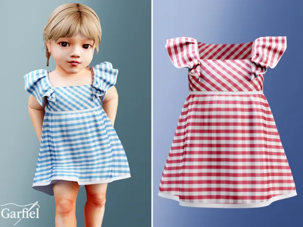 Mix Infant Cute gingham dress with ruffled sleeves by Garfiel - The Sims 4 Custom Content