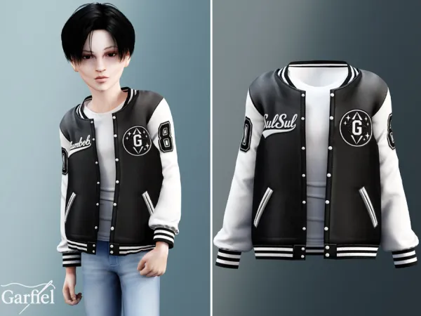 Alpha Child Black and white jacket with Simlish embroidery by Garfiel - The Sims 4 Custom Content