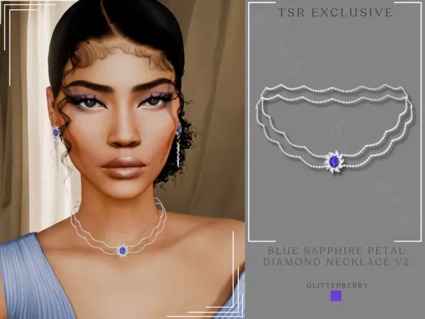 Alpha Blue Sapphire Petal Diamond Necklace v2 by Glitterberryfly - The Sims 4 Custom Content