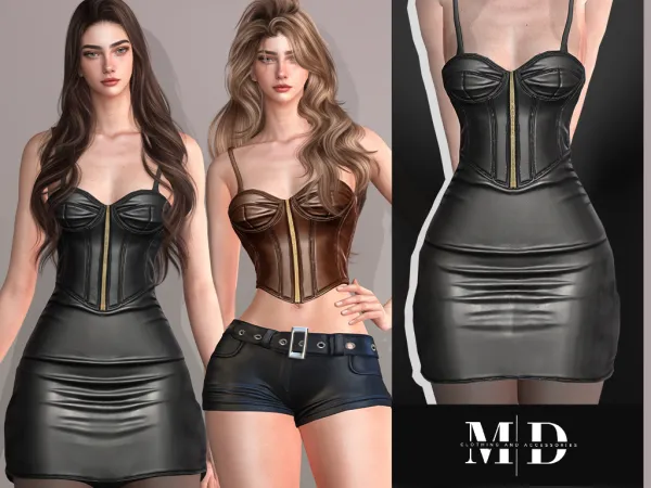 Alpha Black leather corset dress adult - The Sims 4 Custom Content