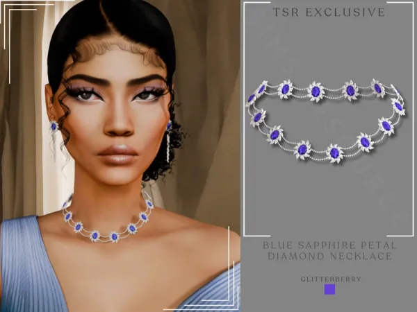 Alpha Blue Sapphire Petal Diamond Necklace by Glitterberryfly - The Sims 4 Custom Content