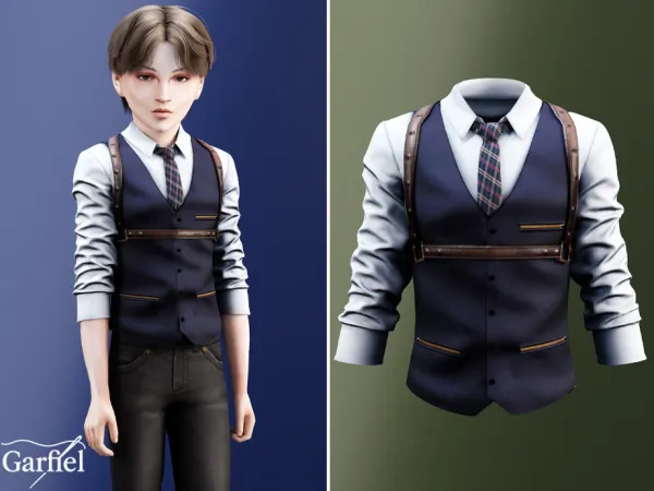 Alpha Child Navy vest top with plaid tie and harness straps by Garfiel - The Sims 4 Custom Content