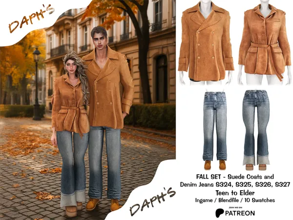 Alpha Daph's FALL SET 2025 Suede Coats and Denim Jeans S324 S325 S326 S327 - The Sims 4 Custom Content