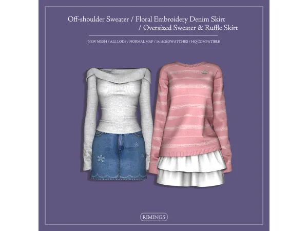 Alpha [RIMINGS] Off shoulder Sweater Floral Embroidery Denim Skirt Oversized Sweater Ruffle Skirt - The Sims 4 Custom Content