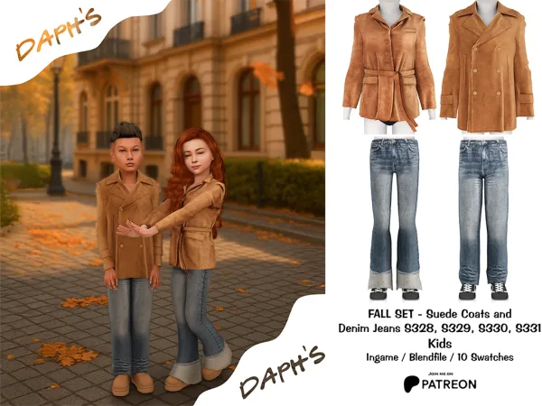 Alpha Daph's KIDS FALL SET 2025 Suede Coats and Denim Jeans S328 S329 S330 S331 - The Sims 4 Custom Content