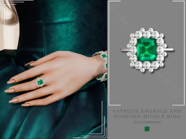 Alpha Patreon Elizabeth Emerald and Diamond Middle Ring by Glitterberryfly - The Sims 4 Custom Content
