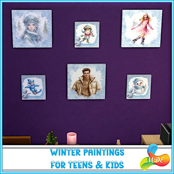 Mix Teens Kids Winter Paintings by mde - The Sims 4 Custom Content