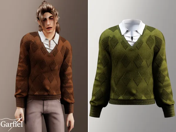 Alpha Adult Patterned V neck sweater with shirt layer by Garfiel - The Sims 4 Custom Content