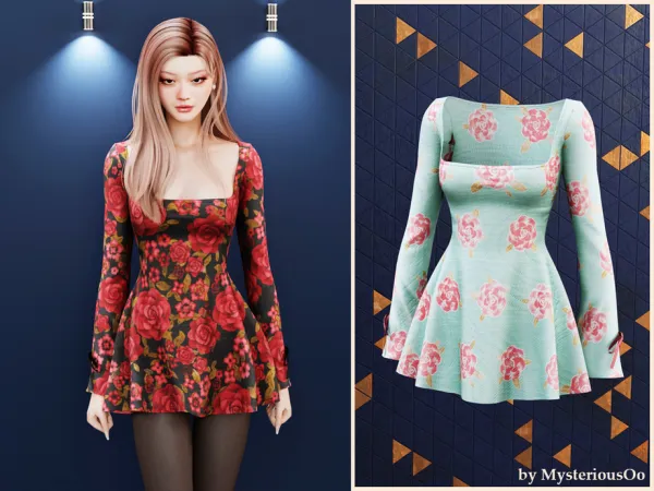 Alpha Floral square neck mini dress by MysteriousOo - The Sims 4 Custom Content