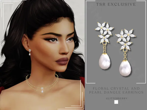 Alpha Floral Crystal and Pearl Dangle Earrings by Glitterberryfly - The Sims 4 Custom Content