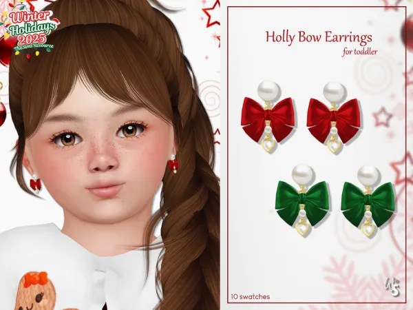 Alpha Holly Bow Earrings for toddler - The Sims 4 Custom Content