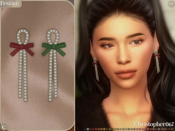 Maxis Match Festive Earrings Dangling Diamond Satin Bow Earrings by christopher0672 - The Sims 4 Custom Content