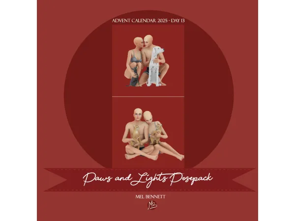 Mix Advent Calendar 2025 Day 13 Paws and Lights Posepack - The Sims 4 Custom Content