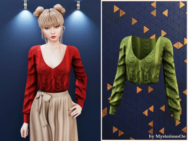 Alpha Cable knit puff sleeve top by MysteriousOo - The Sims 4 Custom Content