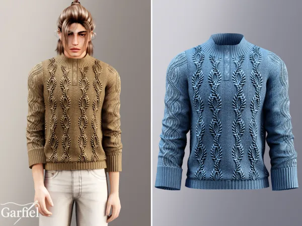 Alpha Adult Textured half zip cable sweater with bold pattern by Garfiel - The Sims 4 Custom Content