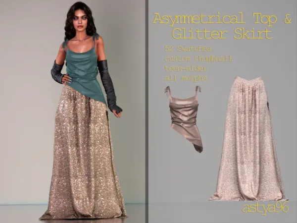 Alpha Asymmetrical Top Glitter Maxi Skirt (Dec23) by astya96cc - The Sims 4 Custom Content