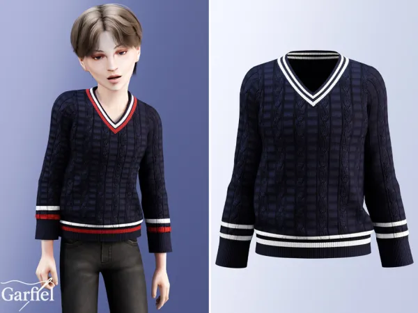 Alpha Child Navy cable sweater with sporty trim by Garfiel - The Sims 4 Custom Content