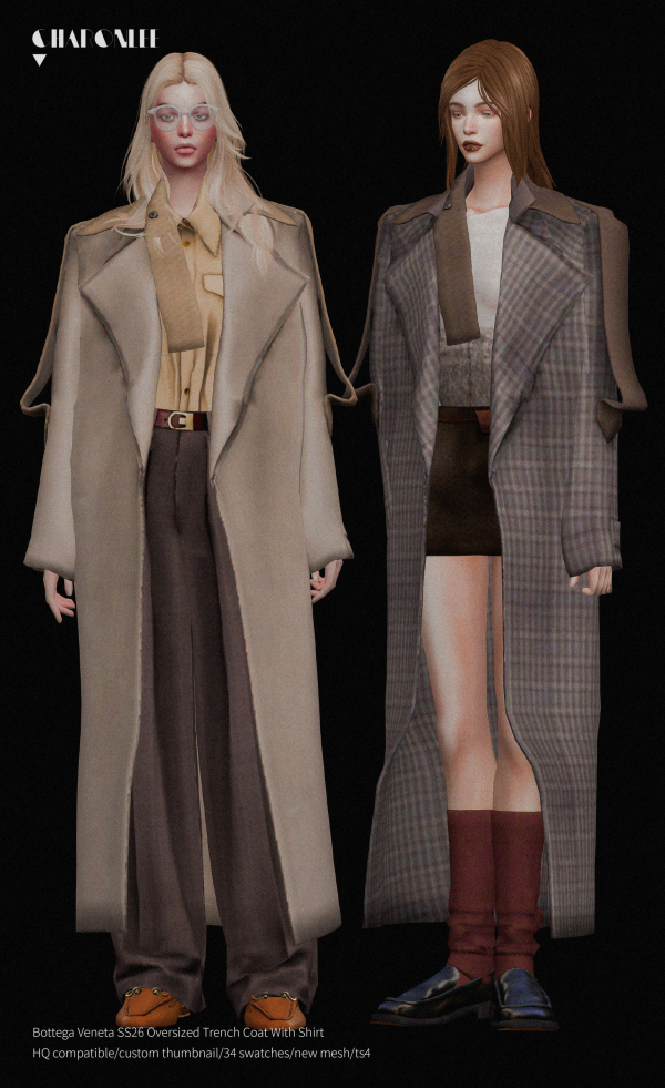 Alpha Bottega Veneta SS26 Oversized Trench Coat With Shirt by simsfinds - The Sims 4 Custom Content