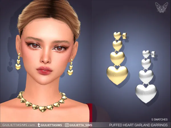 Alpha Puffed Heart Garland Earrings by feyona - The Sims 4 Custom Content