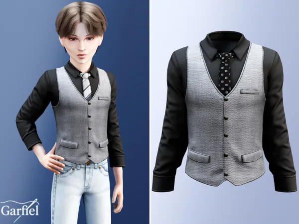 Alpha Child Smart black shirt with patterned vest tie by Garfiel - The Sims 4 Custom Content