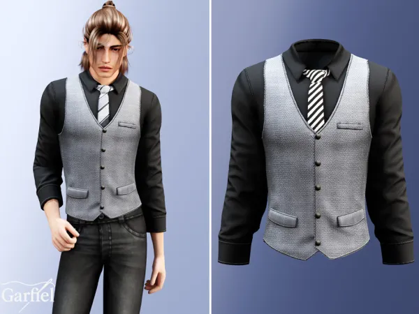 Alpha Adult Formal black shirt with patterned vest tie by Garfiel - The Sims 4 Custom Content