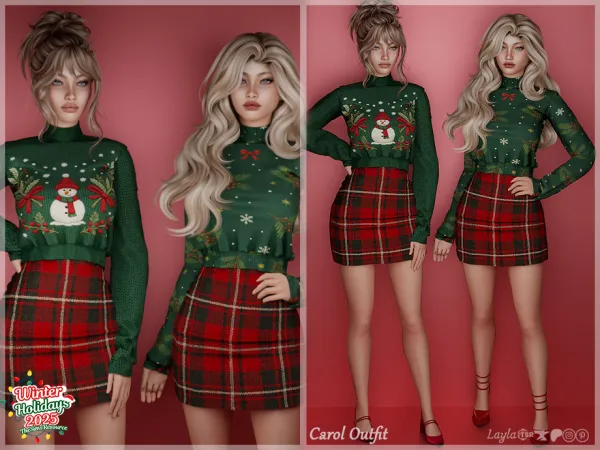 Alpha [TSR Advent Calendar 2025] Winter Holidays Female Outfit Plaid Skirt with Sweater - The Sims 4 Custom Content