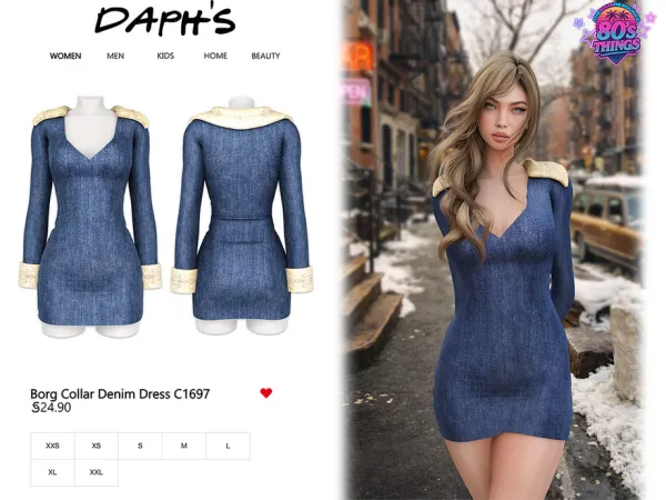 Alpha Daph's 80'S THINGS Borg Collar Denim Dress C1697 - The Sims 4 Custom Content