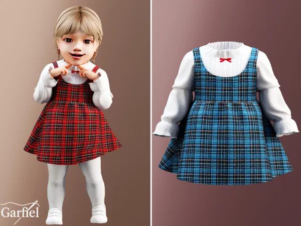 Alpha Infant Classic plaid layered dress outfit by Garfiel - The Sims 4 Custom Content