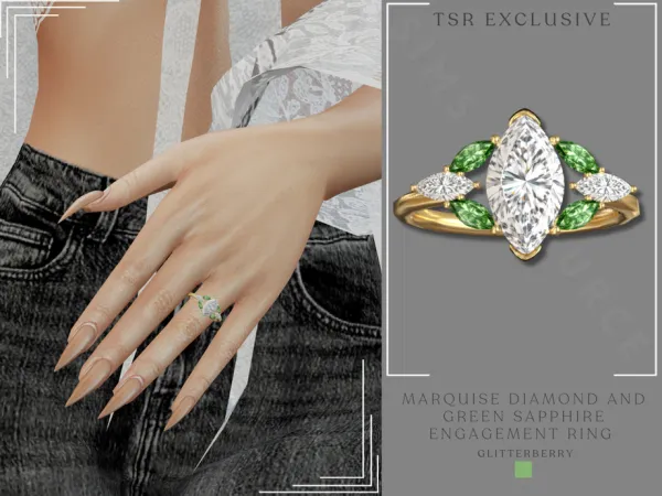 Alpha Marquise Diamond and Green Sapphire Engagement Ring by Glitterberryfly - The Sims 4 Custom Content