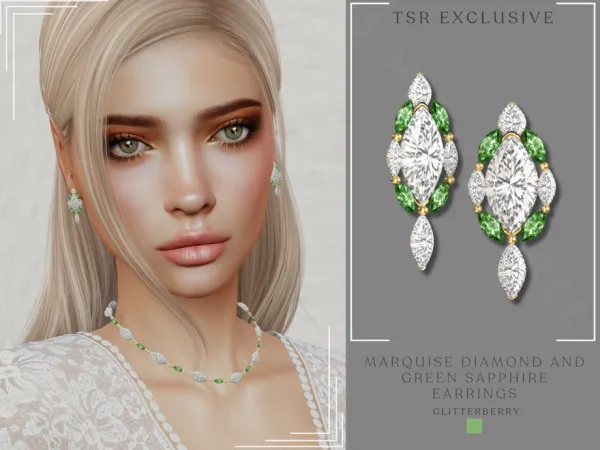 Alpha Marquise Diamond and Green Sapphire Earrings by Glitterberryfly - The Sims 4 Custom Content