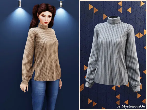 Alpha Textured side slit turtleneck sweater by MysteriousOo - The Sims 4 Custom Content