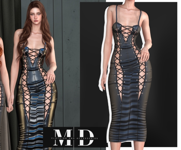 Alpha NEW &#43310450277903&#43310450277903long, fitted faux leather dress with a low neckline and braided detail&#43310450277903 by mydarling20 - The Sims 4 custom content