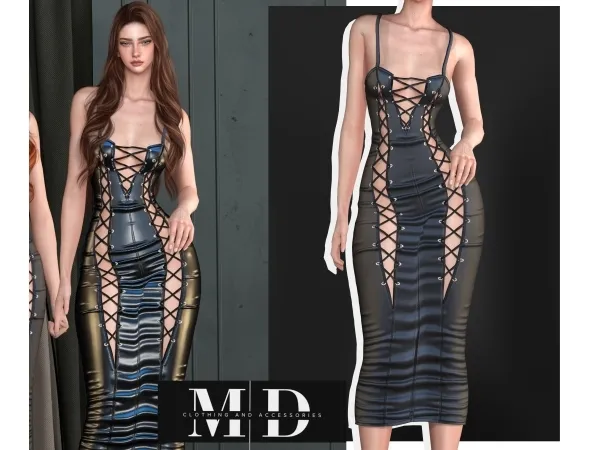 Alpha NEW &#43310450277903&#43310450277903long, fitted faux leather dress with a low neckline and braided detail&#43310450277903 - The Sims 4 custom content