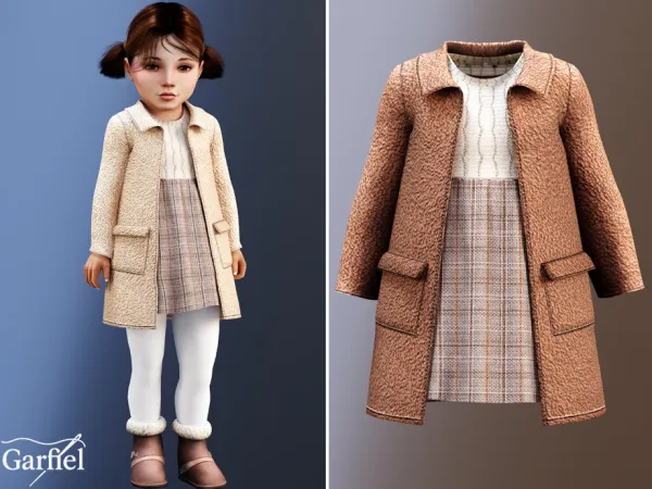 Alpha Toddler Cozy teddy coat with knit top and plaid skirt by Garfiel - The Sims 4 Custom Content