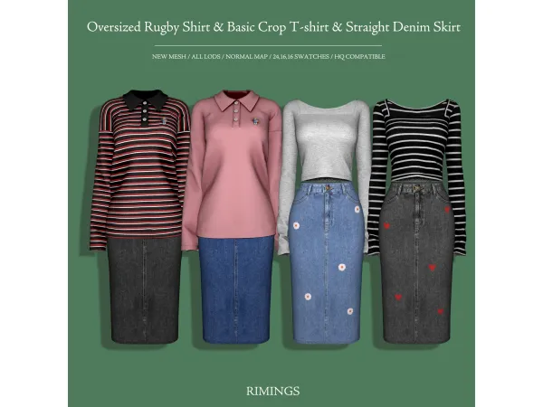 Alpha [RIMINGS] Oversized Rugby Shirt Basic Crop T shirt Straight Denim Skirt - The Sims 4 Custom Content