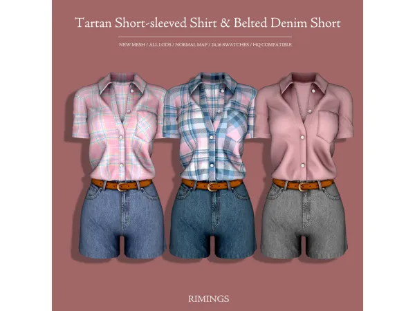 Alpha [RIMINGS] Tartan Short sleeved Shirt Belted Denim Short - The Sims 4 Custom Content