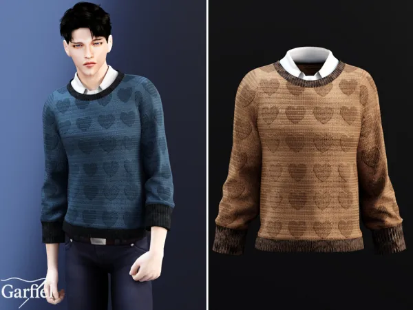 Alpha Adult Textured sweater with subtle heart pattern and collar by Garfiel - The Sims 4 Custom Content