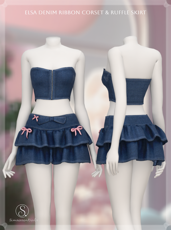 Alpha Elsa Denim Ribbon Corset Ruffle Skirt by simsfinds - The Sims 4 Custom Content