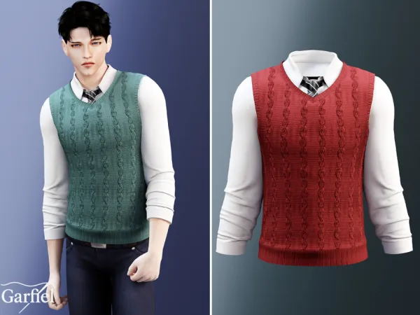 Alpha Adult Cable knit vest layered over shirt and tie by Garfiel - The Sims 4 Custom Content