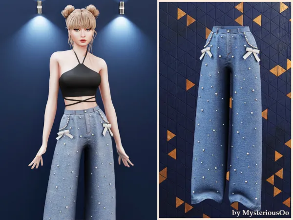 Alpha Pearl detail wide jeans by MysteriousOo - The Sims 4 custom content