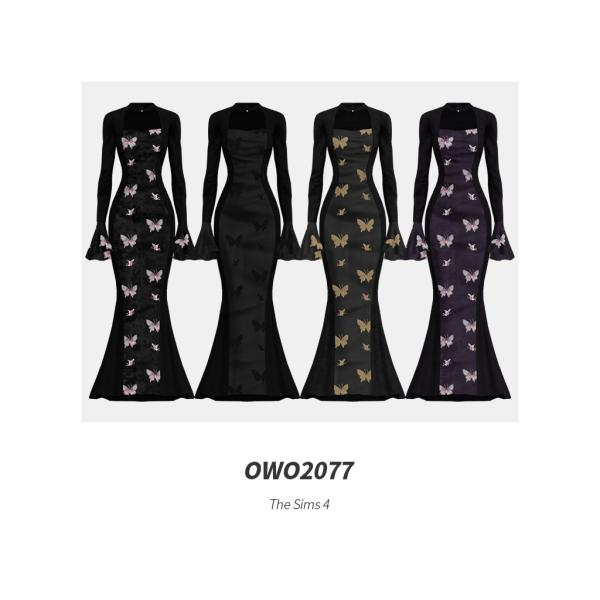 Maxis Match OWO2077 Retro Butterfly Velvet Long Dress by simsfinds - The Sims 4 Custom Content