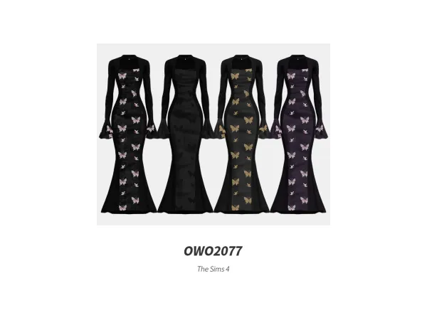 Maxis Match OWO2077 Retro Butterfly Velvet Long Dress - The Sims 4 Custom Content