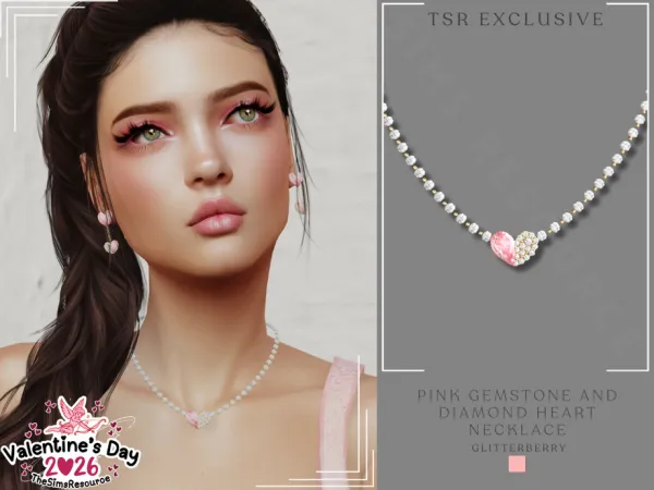 Alpha Pink Gemstone Diamond Heart Necklace by Glitterberryfly - The Sims 4 Custom Content