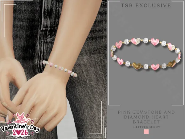 Alpha Pink Gemstone Diamond Heart Bracelet by Glitterberryfly - The Sims 4 Custom Content