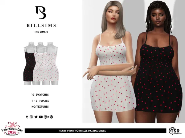 Mix Heart Print Pointelle Pajama Dress by Bill_Sims - The Sims 4 Custom Content