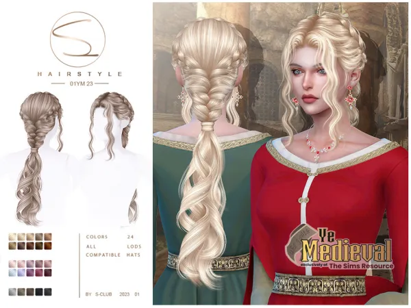 Alpha Ye Medieval curly braid hairstyle 01YM23 CLUB Club by S - The Sims 4 Custom Content