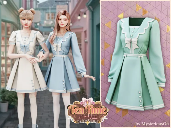 Alpha Tea Time Cute sailor long sleeve bow dress by MysteriousOo - The Sims 4 Custom Content