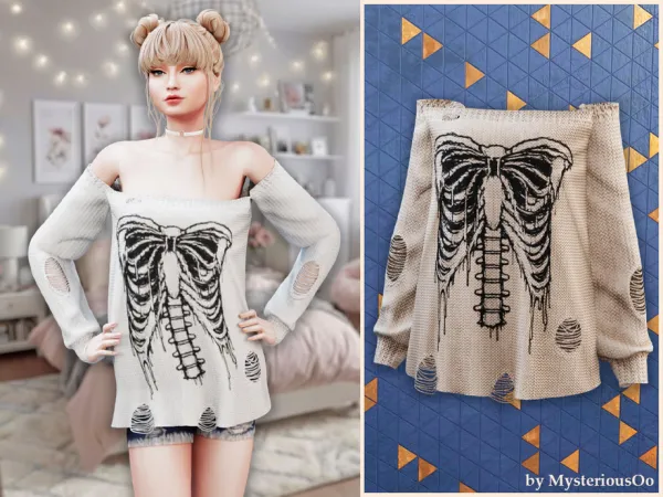 Alpha Skeleton off shoulder sweater by MysteriousOo - The Sims 4 custom content